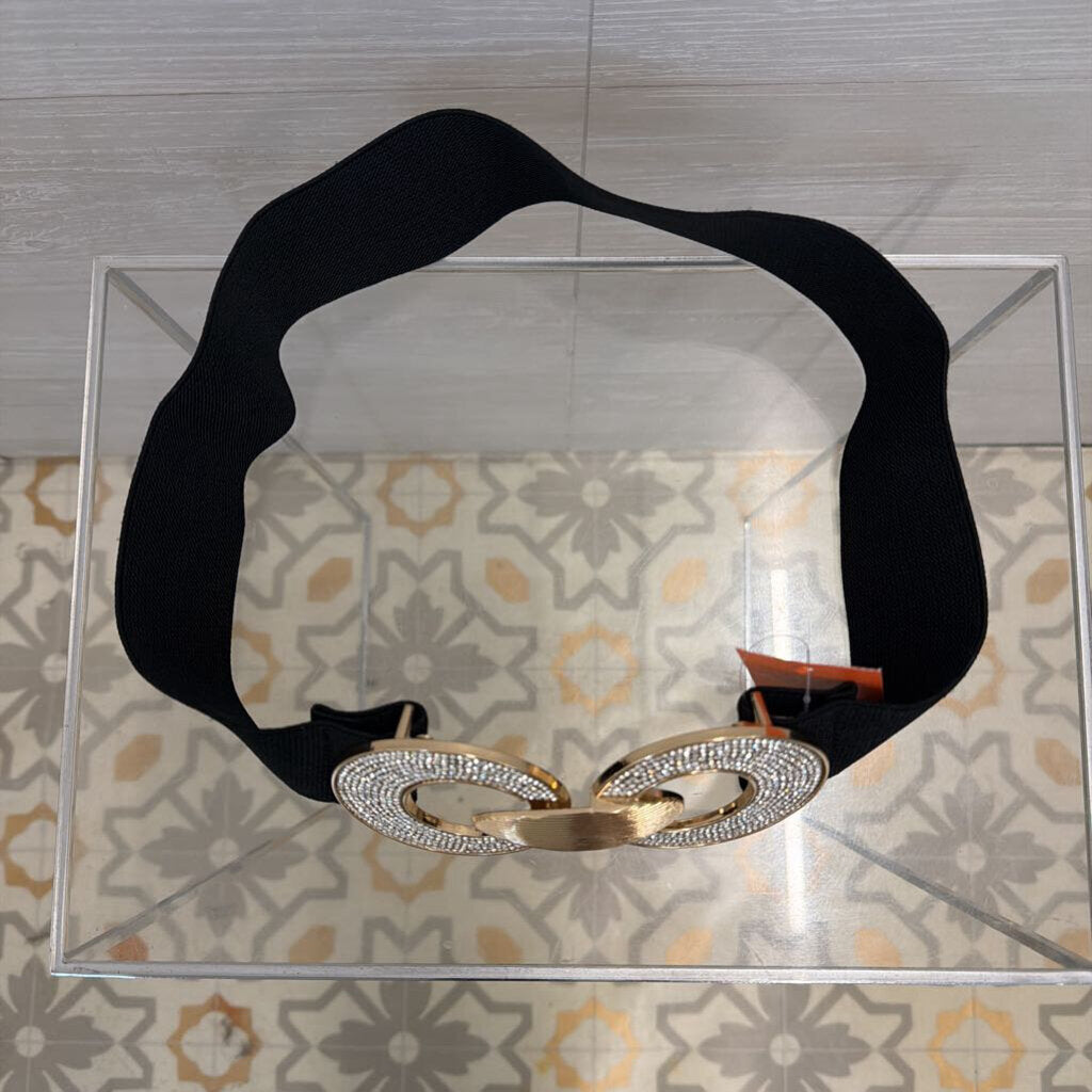 Black/ Gold Embellished Front Buckle Stretchy Belt Medium/ Large