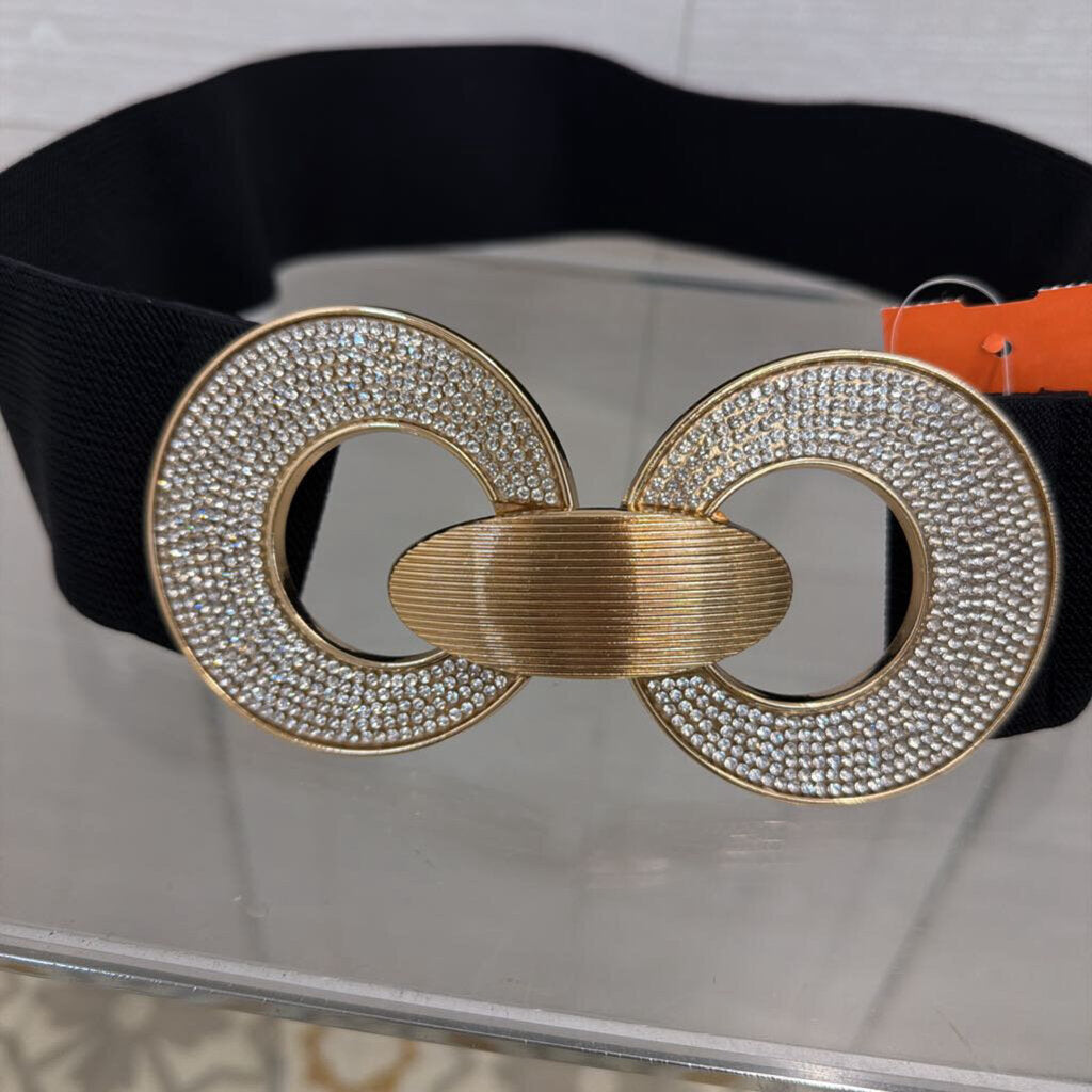 Black/ Gold Embellished Front Buckle Stretchy Belt Medium/ Large