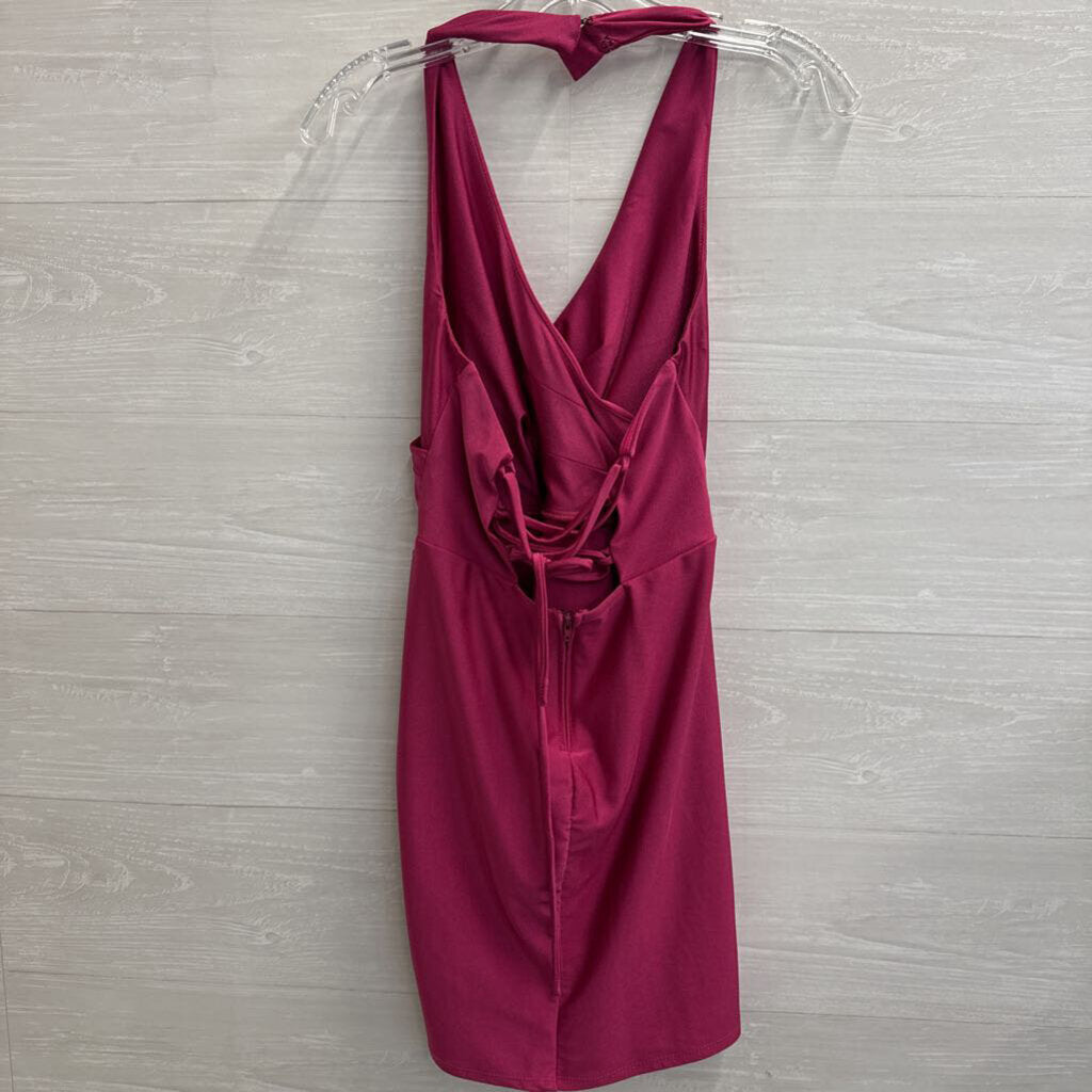 City Studio Pink Lace Up Back Halter Neck Short Formal Dress Small