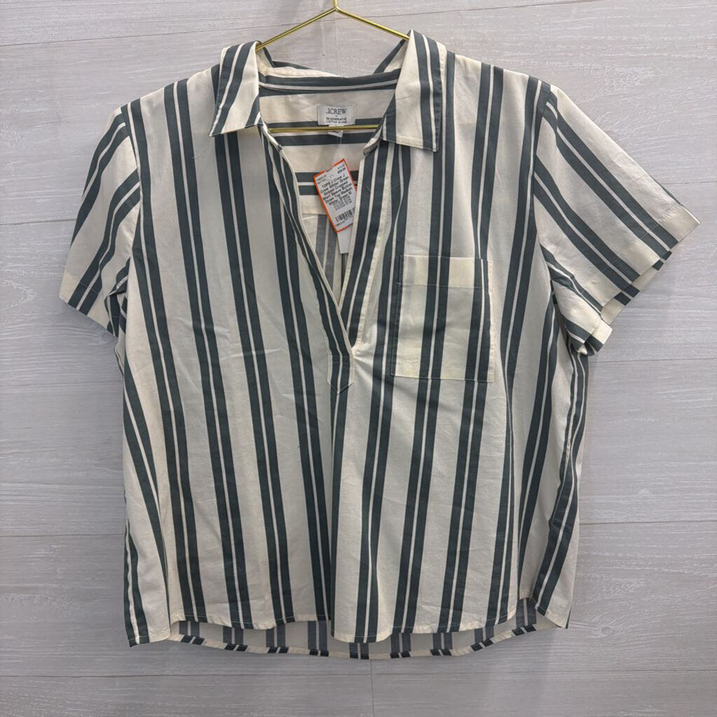 J Crew White/ Green Striped Cropped Short Sleeve Button Down Top Medium