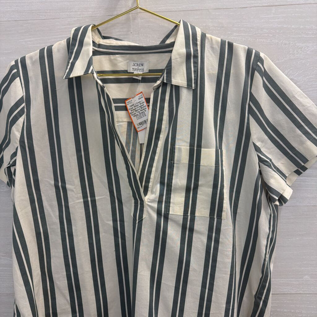 J Crew White/ Green Striped Cropped Short Sleeve Button Down Top Medium