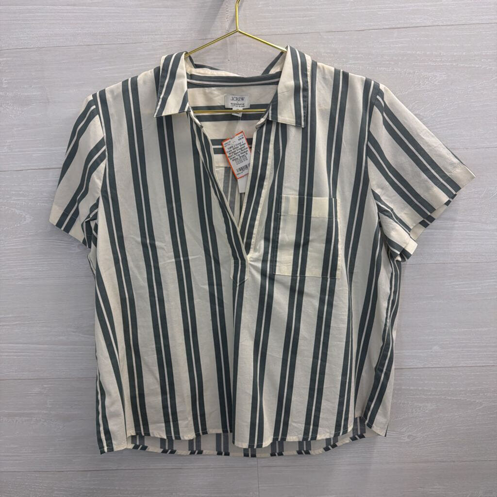 J Crew White/ Green Striped Cropped Short Sleeve Button Down Top Medium