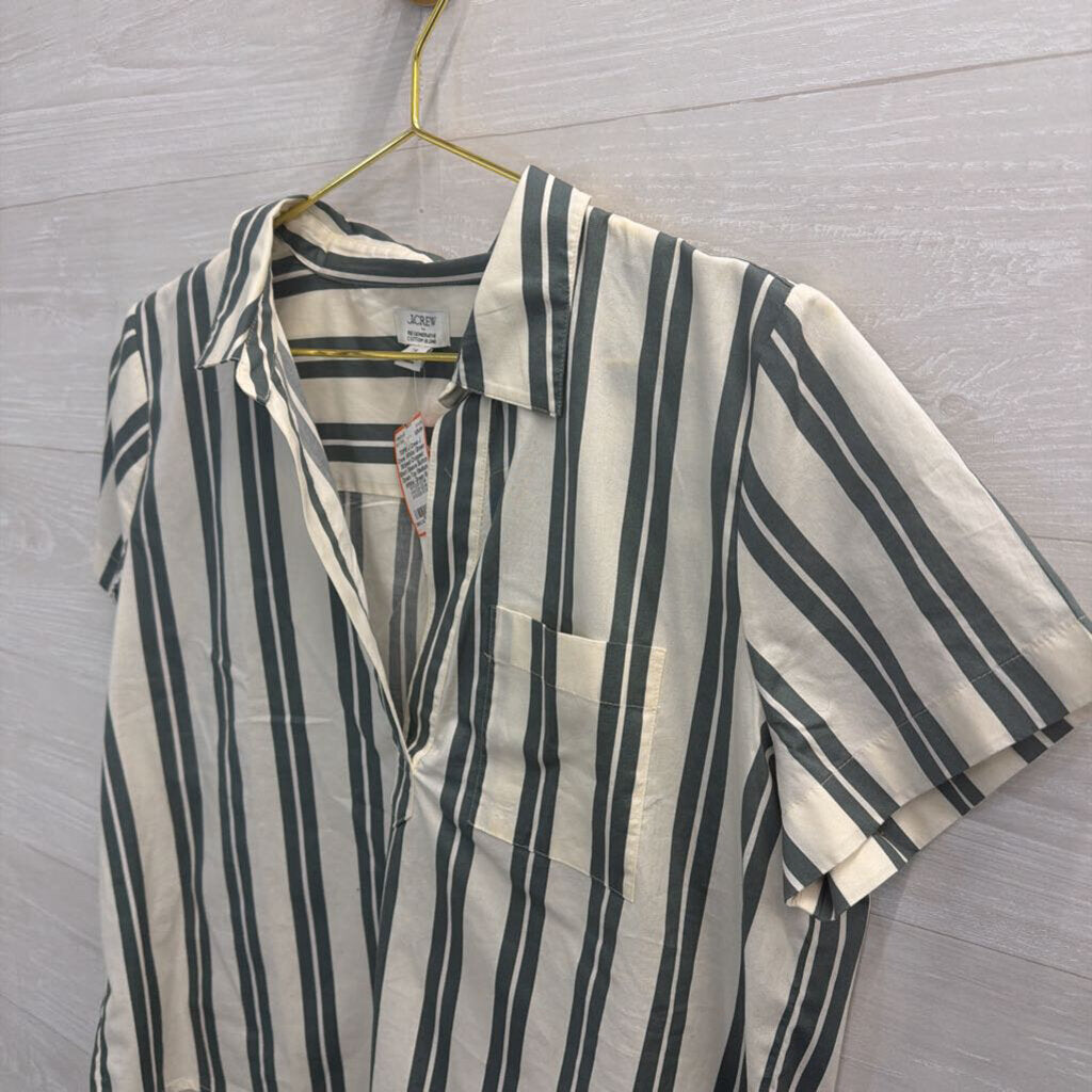 J Crew White/ Green Striped Cropped Short Sleeve Button Down Top Medium