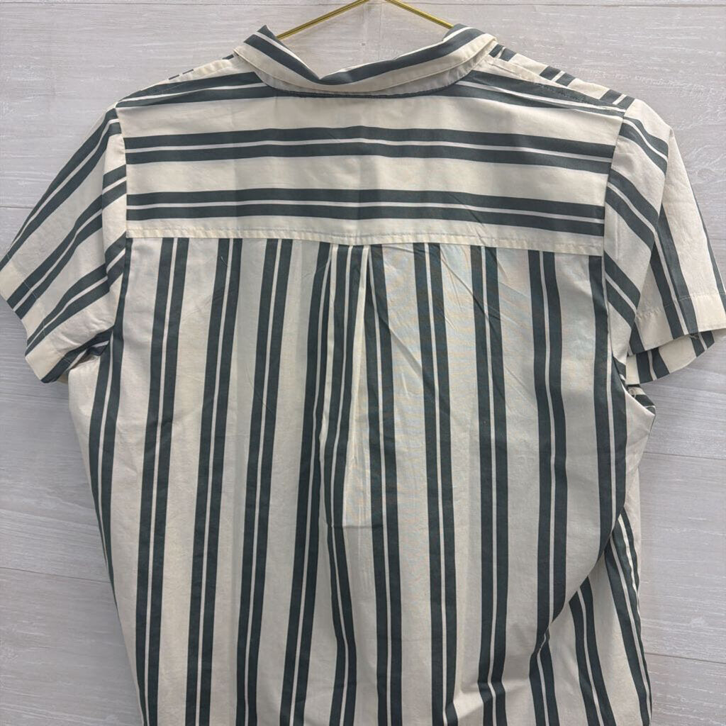 J Crew White/ Green Striped Cropped Short Sleeve Button Down Top Medium