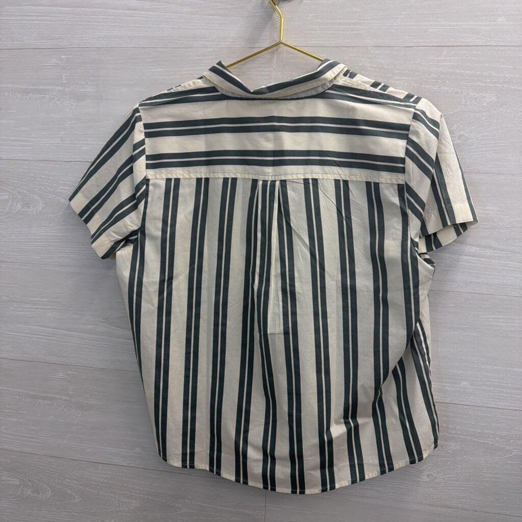 J Crew White/ Green Striped Cropped Short Sleeve Button Down Top Medium