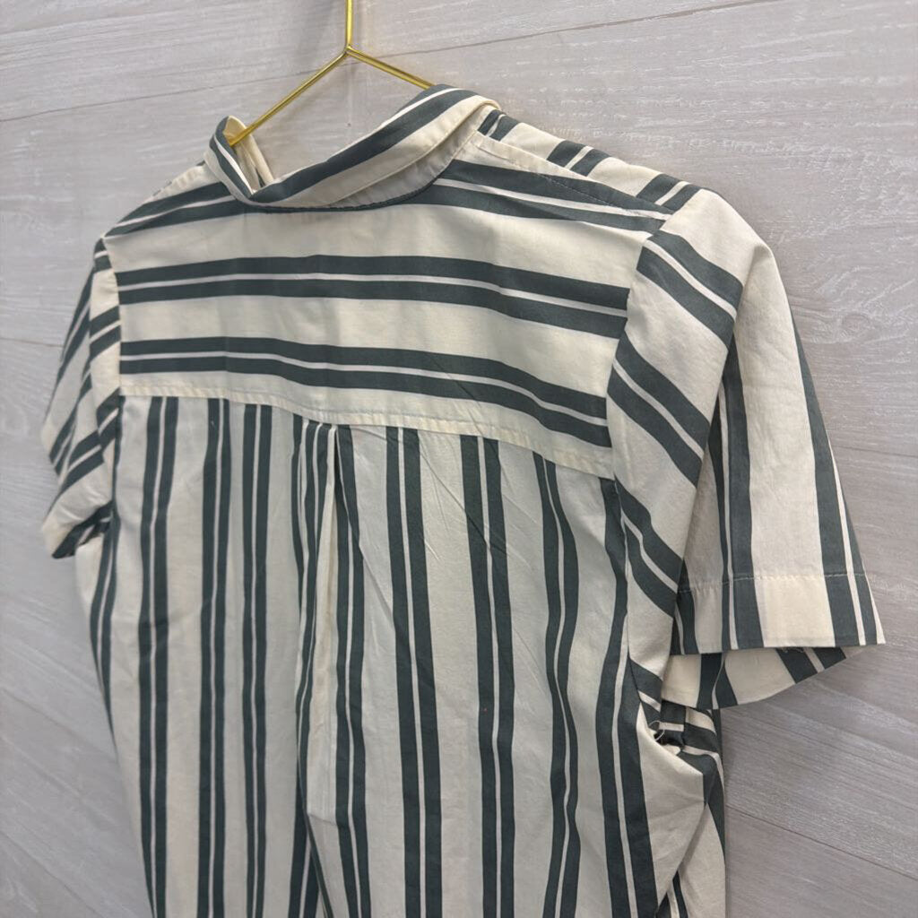 J Crew White/ Green Striped Cropped Short Sleeve Button Down Top Medium