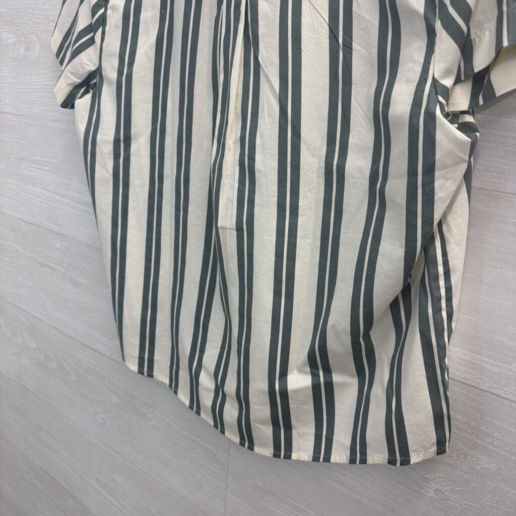 J Crew White/ Green Striped Cropped Short Sleeve Button Down Top Medium