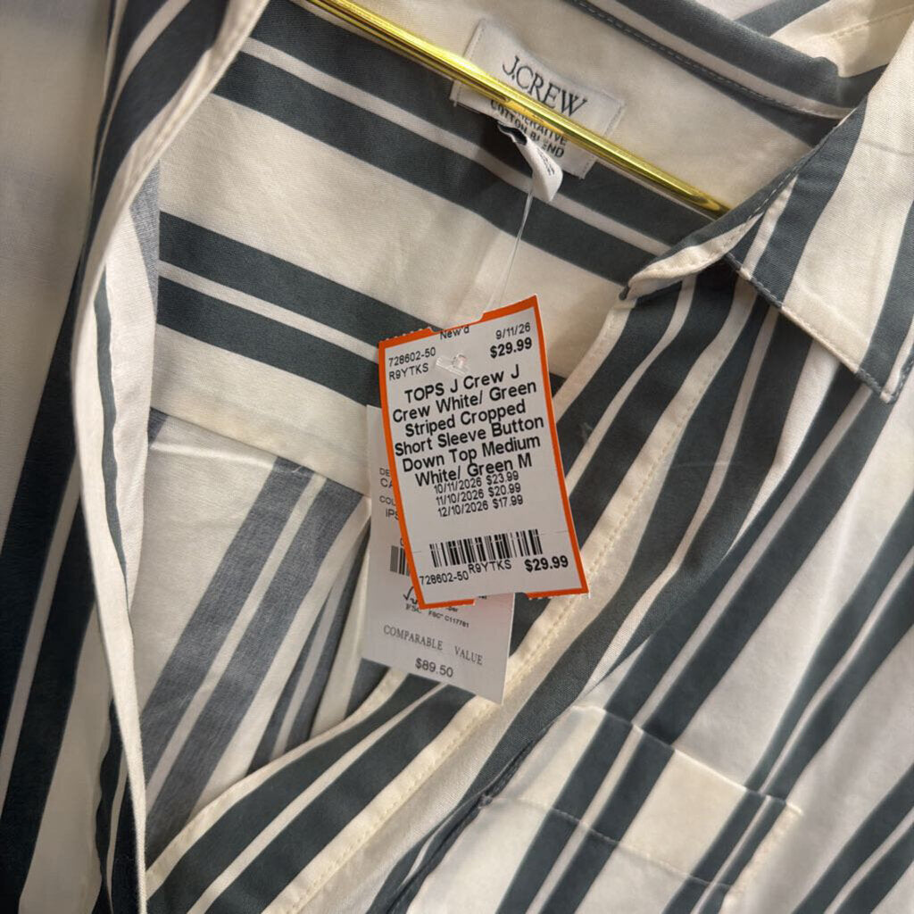 J Crew White/ Green Striped Cropped Short Sleeve Button Down Top Medium