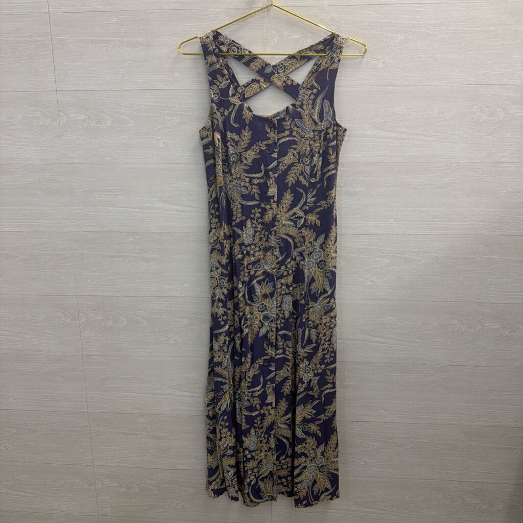 Vintage Coldwater Creek Blue/ Beige Print Button Front Midi Dress 10 Petite