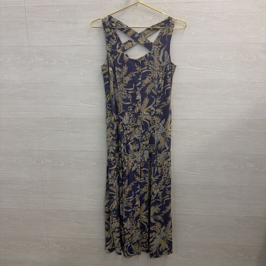 Vintage Coldwater Creek Blue/ Beige Print Button Front Midi Dress 10 Petite