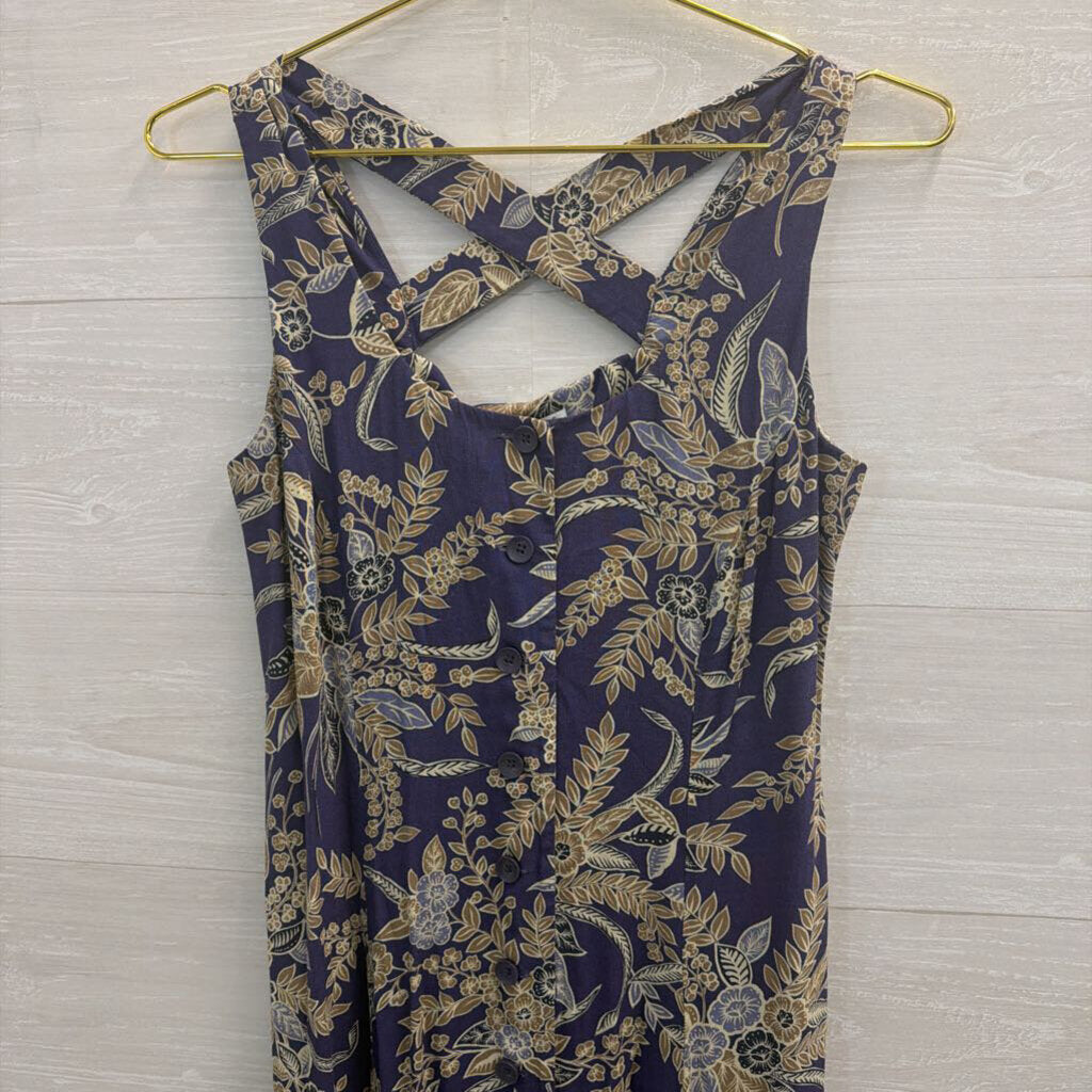 Vintage Coldwater Creek Blue/ Beige Print Button Front Midi Dress 10 Petite