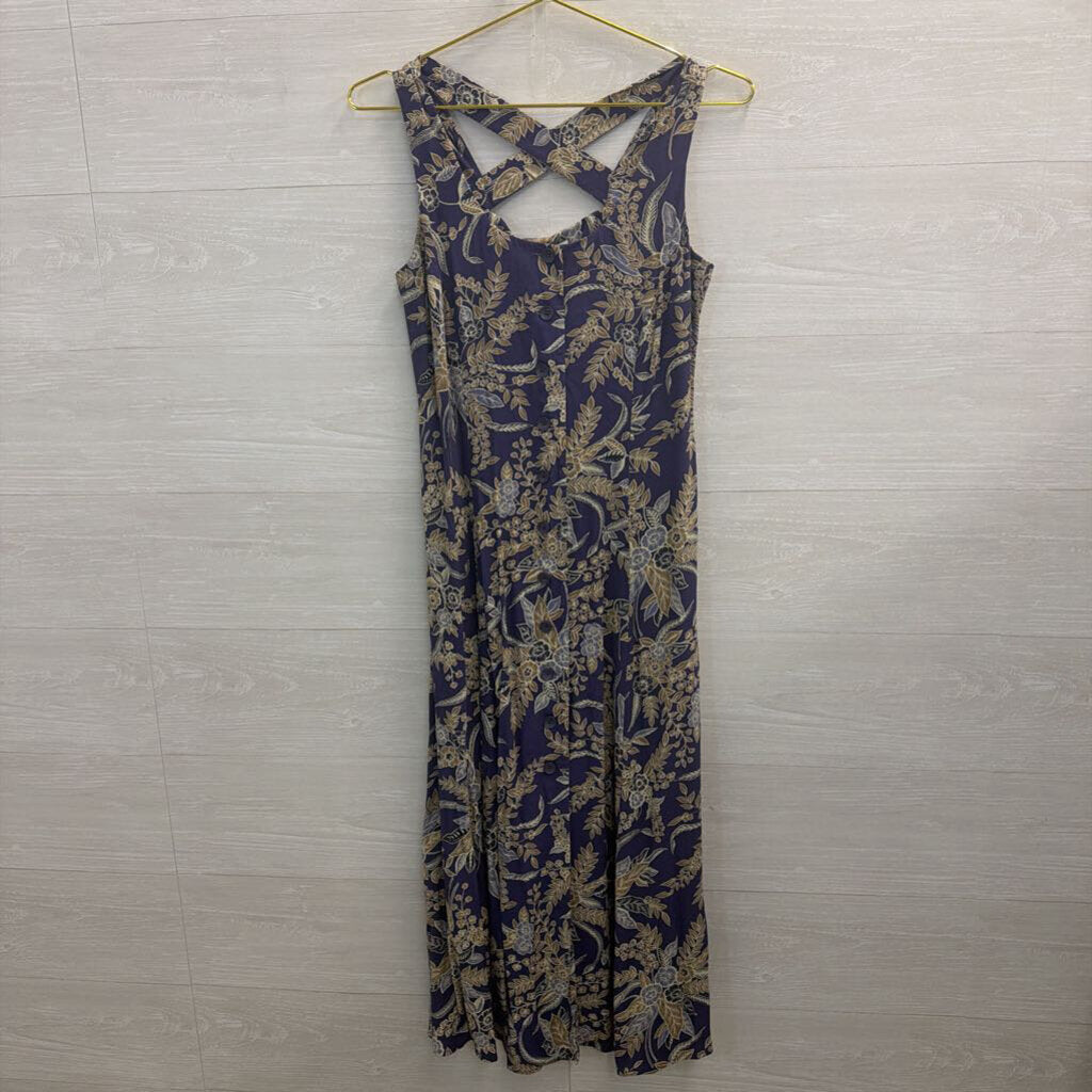 Vintage Coldwater Creek Blue/ Beige Print Button Front Midi Dress 10 Petite