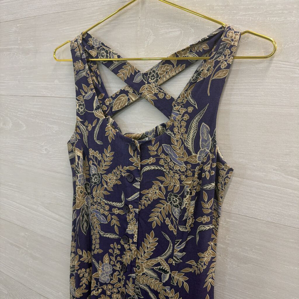Vintage Coldwater Creek Blue/ Beige Print Button Front Midi Dress 10 Petite