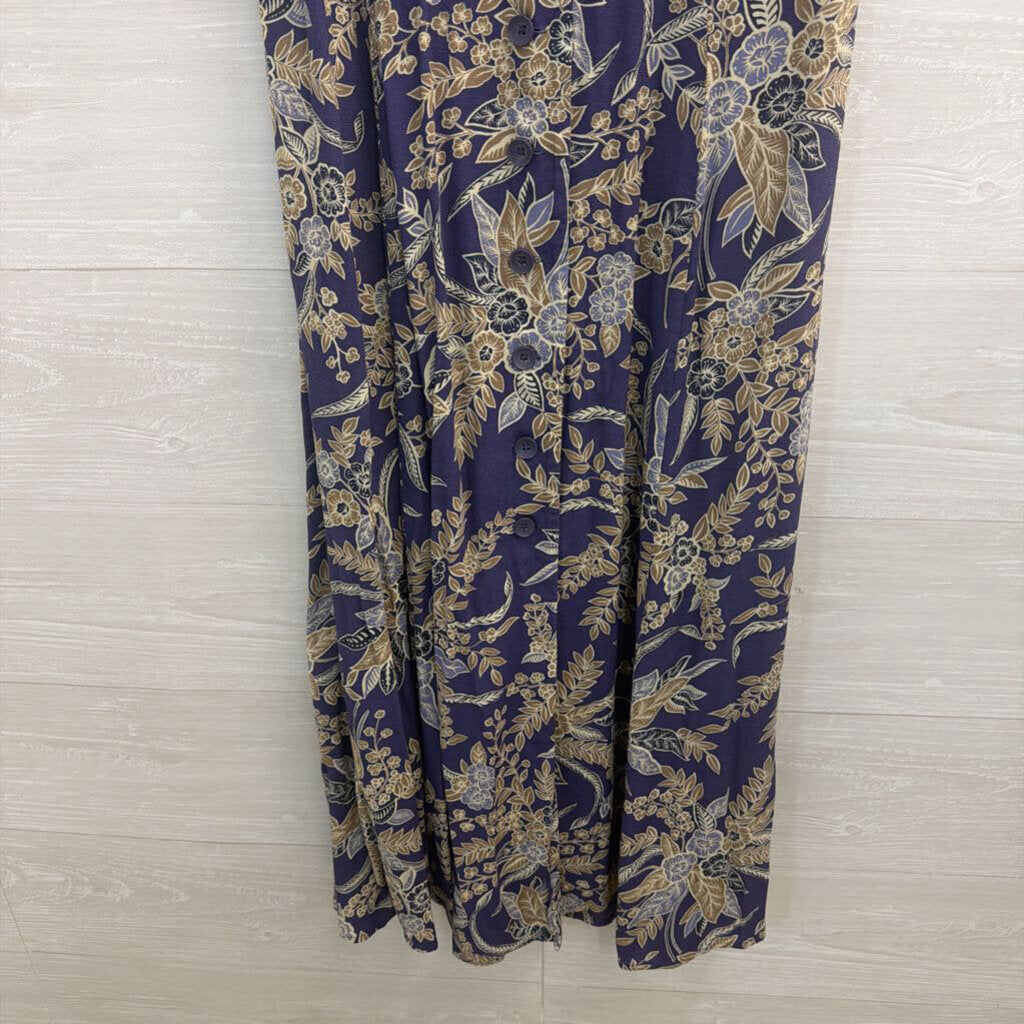 Vintage Coldwater Creek Blue/ Beige Print Button Front Midi Dress 10 Petite