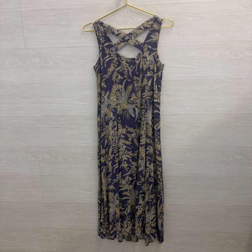 Vintage Coldwater Creek Blue/ Beige Print Button Front Midi Dress 10 Petite