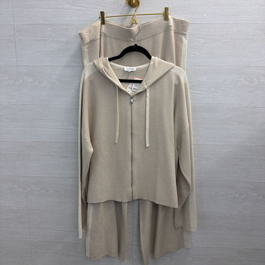 Haven Well Within Beige/ Cream Knit Zip Up Hooded Top/ Wide Leg Pull On Pants Set XXL