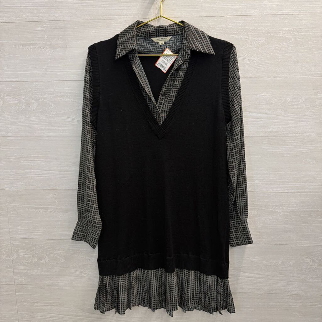 Max Studio Black Print Layered Long Sleeve Dress Extra Small
