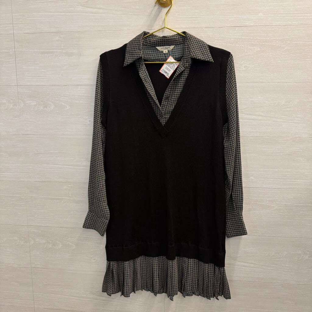 Max Studio Black Print Layered Long Sleeve Dress Extra Small