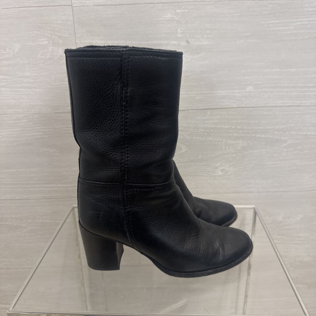 Frye Black Leather Nora Mid Pull On Boots 6.5