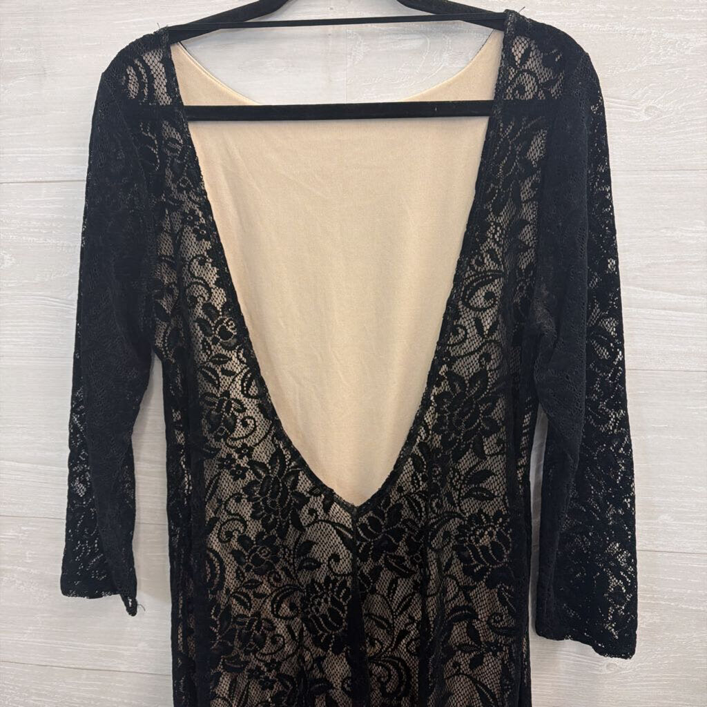 Moda International Black/ Beige Layered Lace Long Sleeve Dress Extra Large
