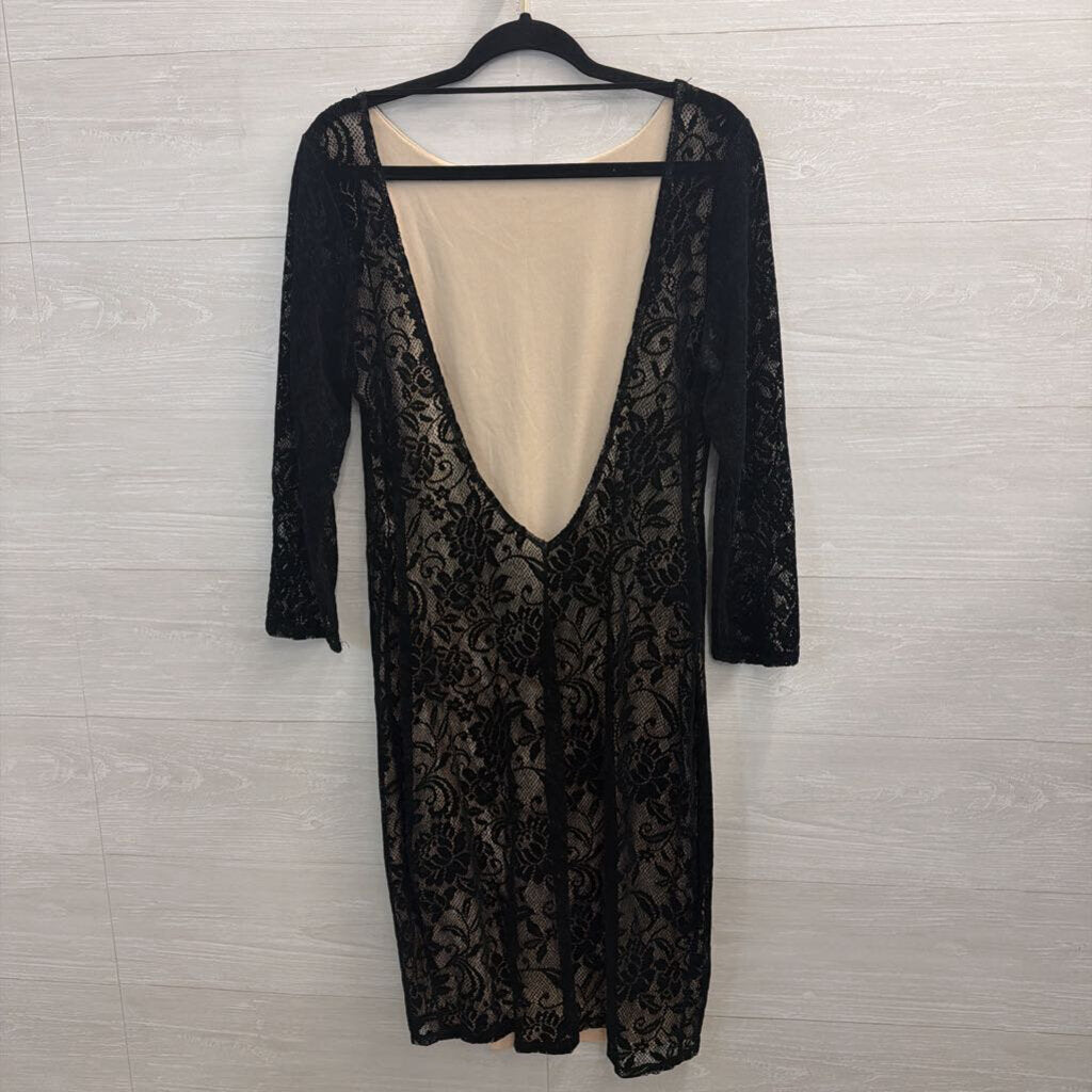 Moda International Black/ Beige Layered Lace Long Sleeve Dress Extra Large