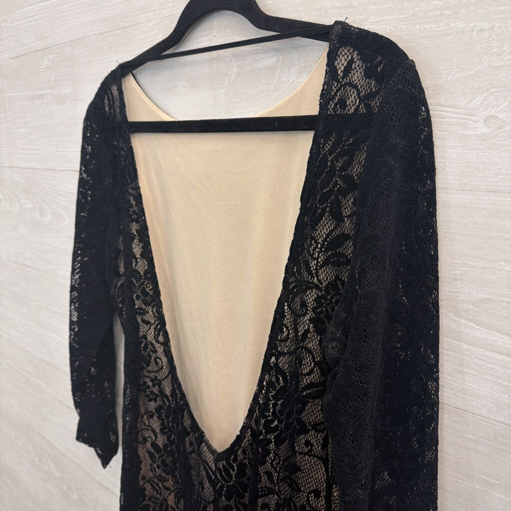 Moda International Black/ Beige Layered Lace Long Sleeve Dress Extra Large