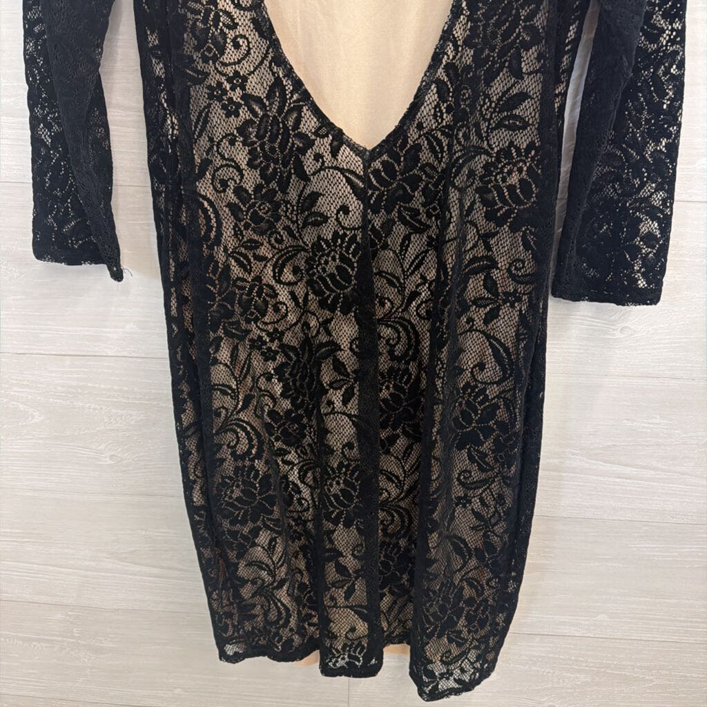 Moda International Black/ Beige Layered Lace Long Sleeve Dress Extra Large