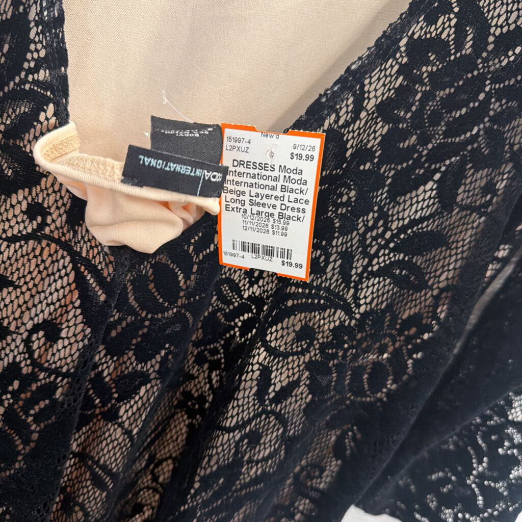 Moda International Black/ Beige Layered Lace Long Sleeve Dress Extra Large