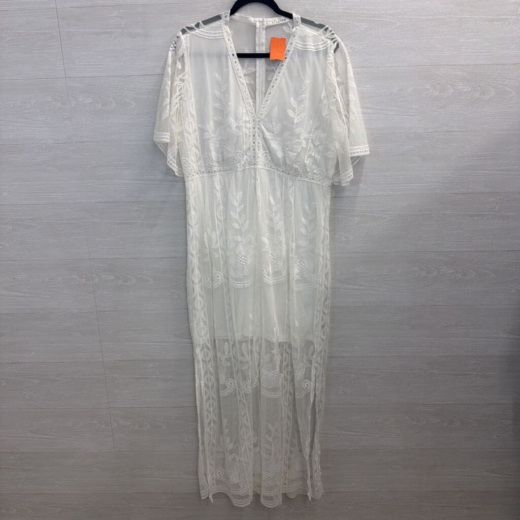 Eleter White Embroidered Lace Short Sleeve Maxi Dress 2XL