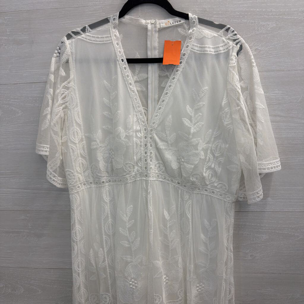 Eleter White Embroidered Lace Short Sleeve Maxi Dress 2XL