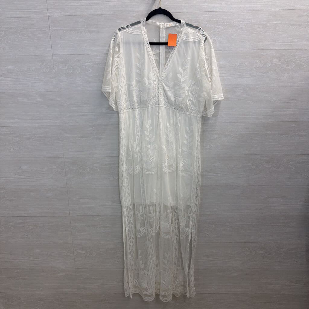 Eleter White Embroidered Lace Short Sleeve Maxi Dress 2XL