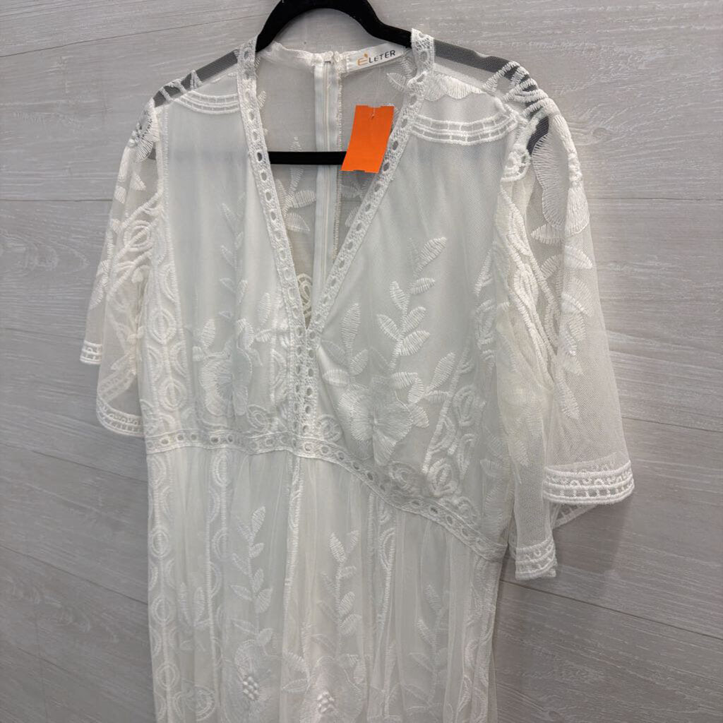 Eleter White Embroidered Lace Short Sleeve Maxi Dress 2XL