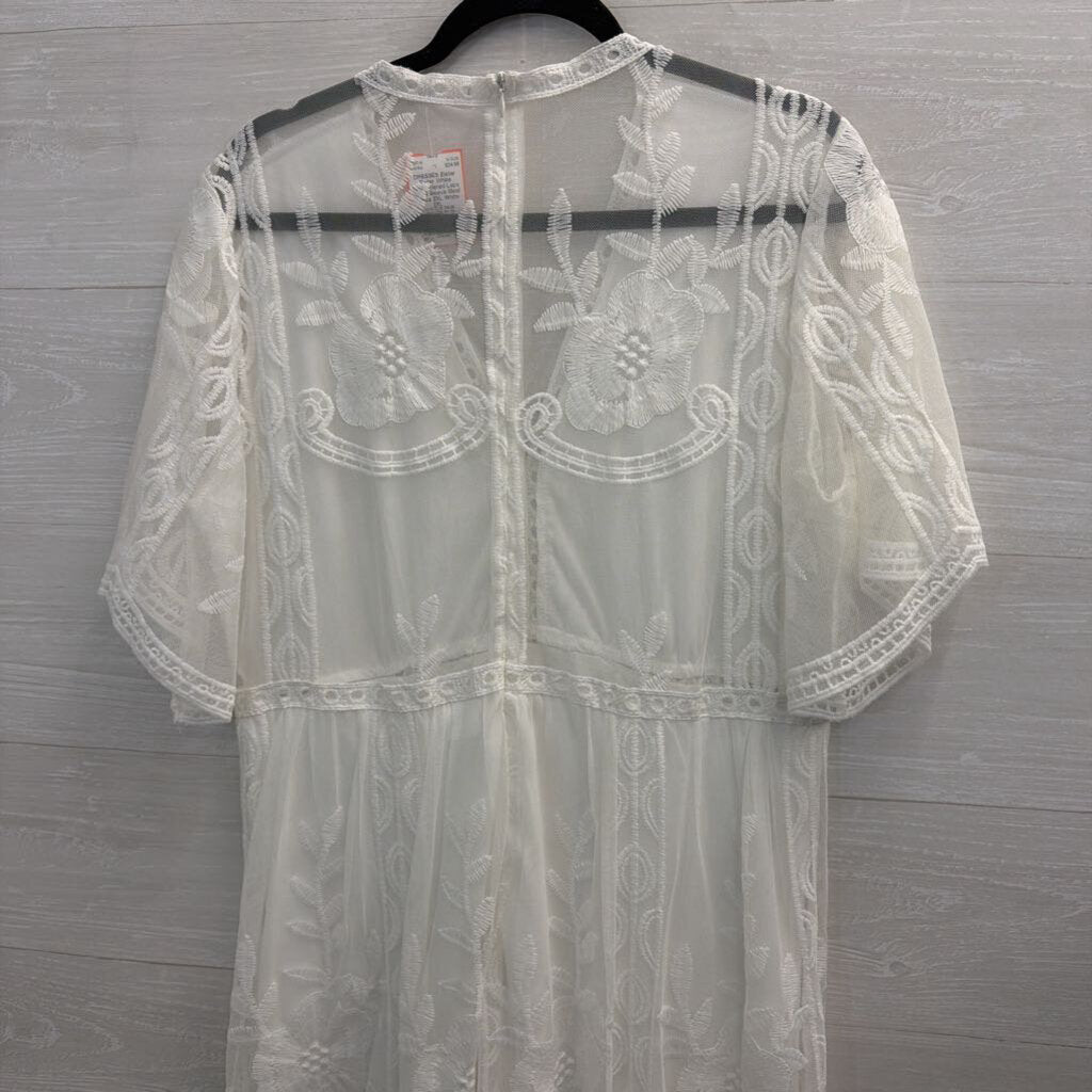 Eleter White Embroidered Lace Short Sleeve Maxi Dress 2XL
