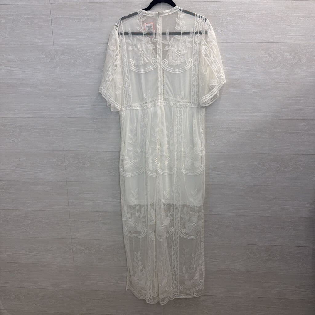 Eleter White Embroidered Lace Short Sleeve Maxi Dress 2XL