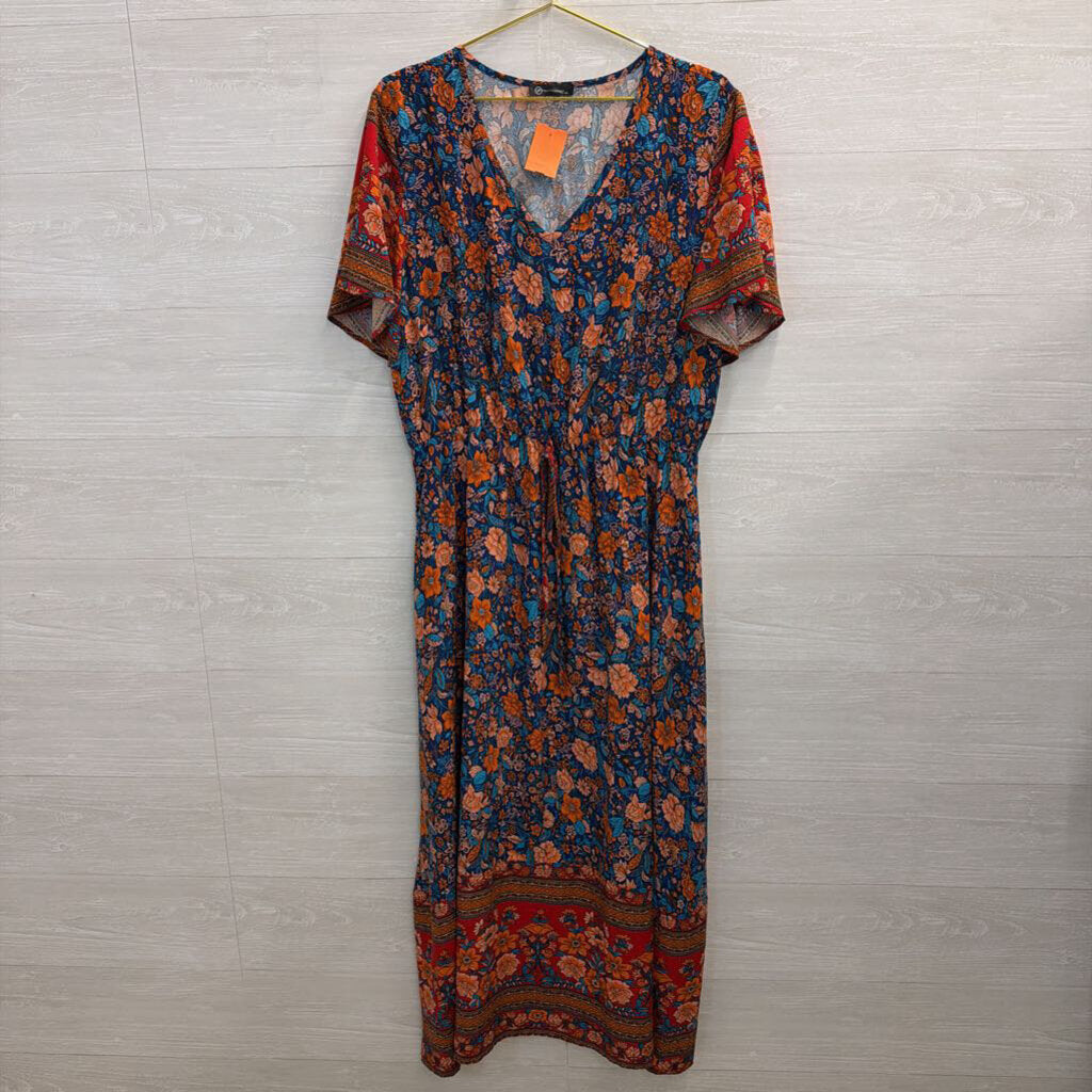 Pretty Garden Blue/ Red Print Short Sleeve Maxi Dress Extra Large
