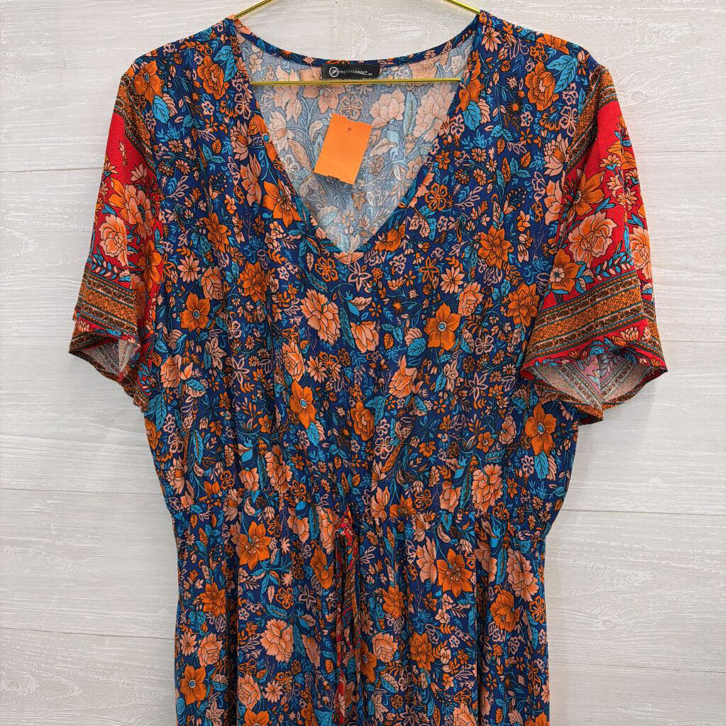 Pretty Garden Blue/ Red Print Short Sleeve Maxi Dress Extra Large