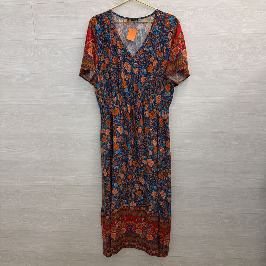 Pretty Garden Blue/ Red Print Short Sleeve Maxi Dress Extra Large