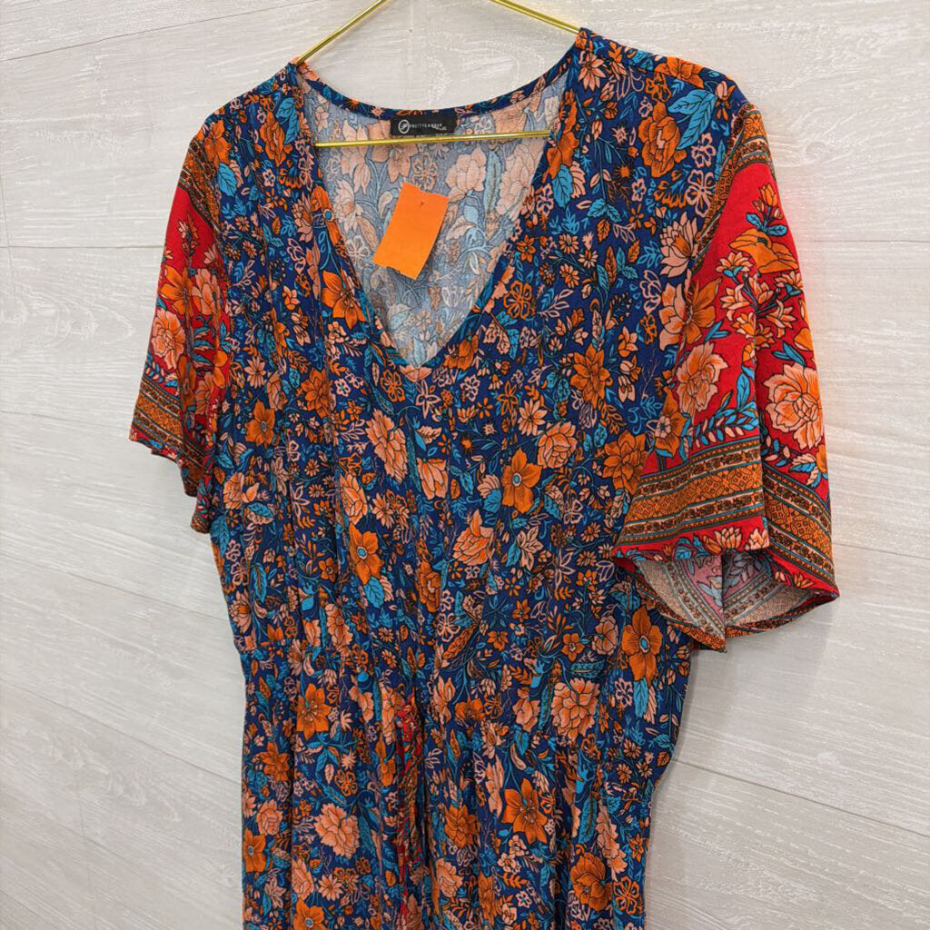 Pretty Garden Blue/ Red Print Short Sleeve Maxi Dress Extra Large