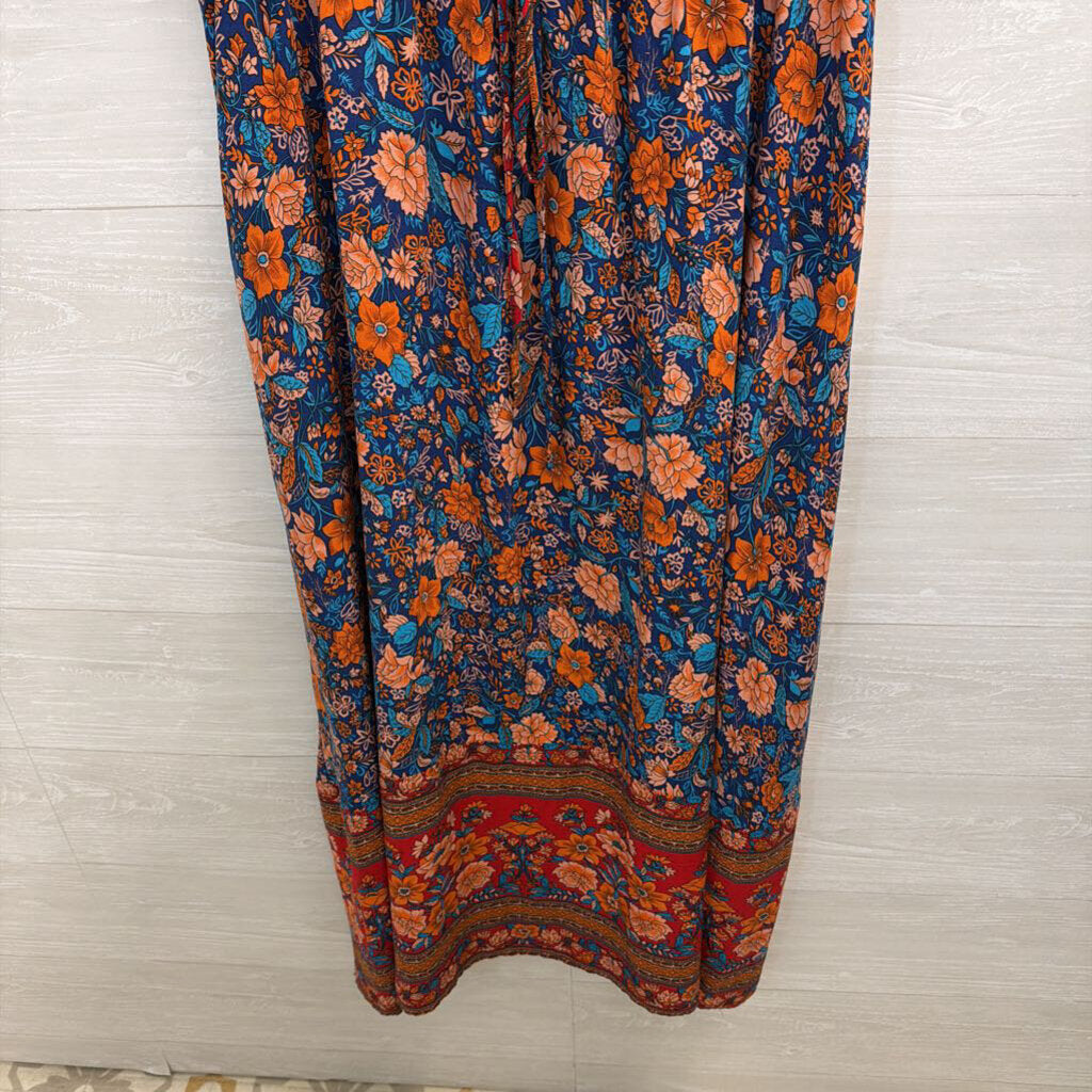 Pretty Garden Blue/ Red Print Short Sleeve Maxi Dress Extra Large