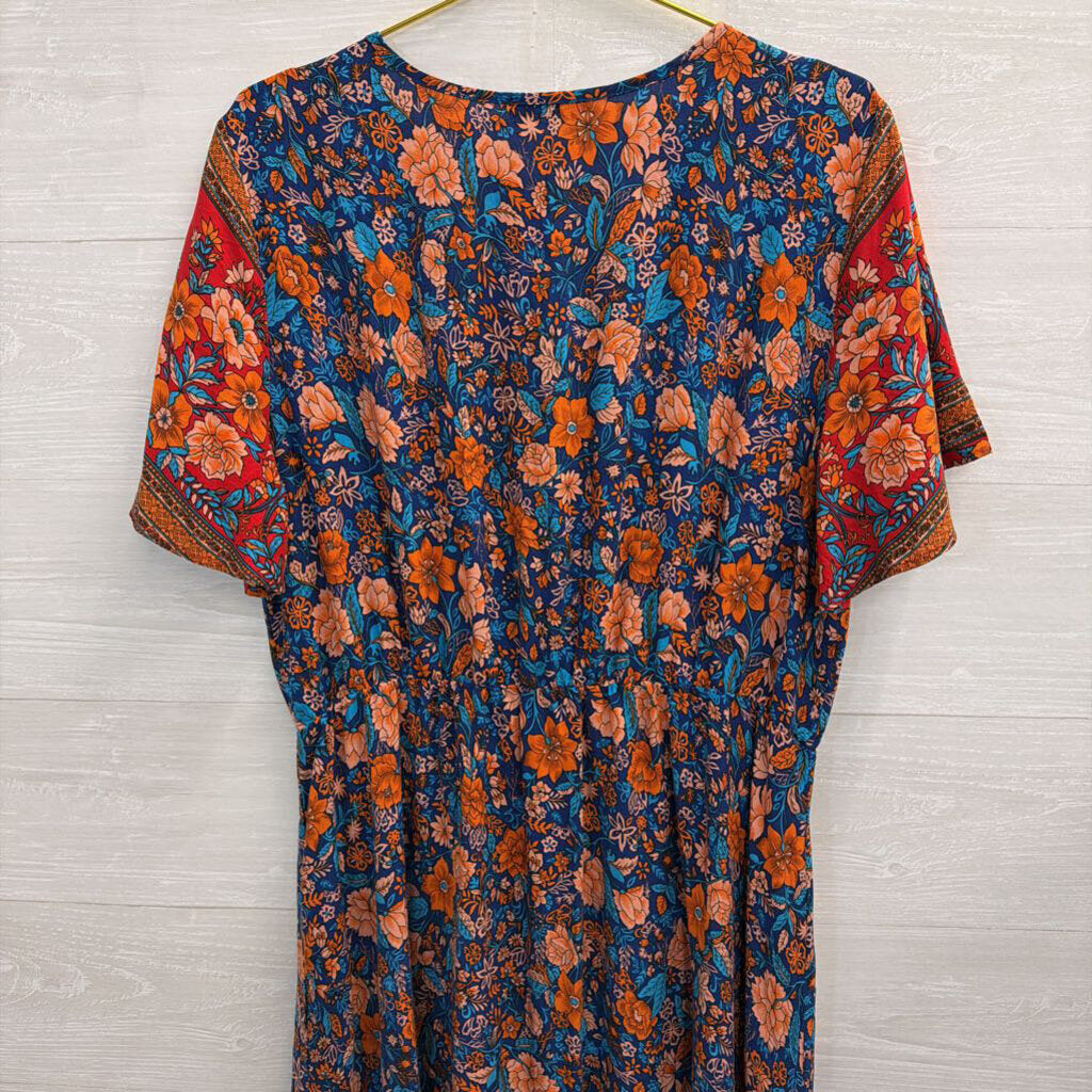 Pretty Garden Blue/ Red Print Short Sleeve Maxi Dress Extra Large