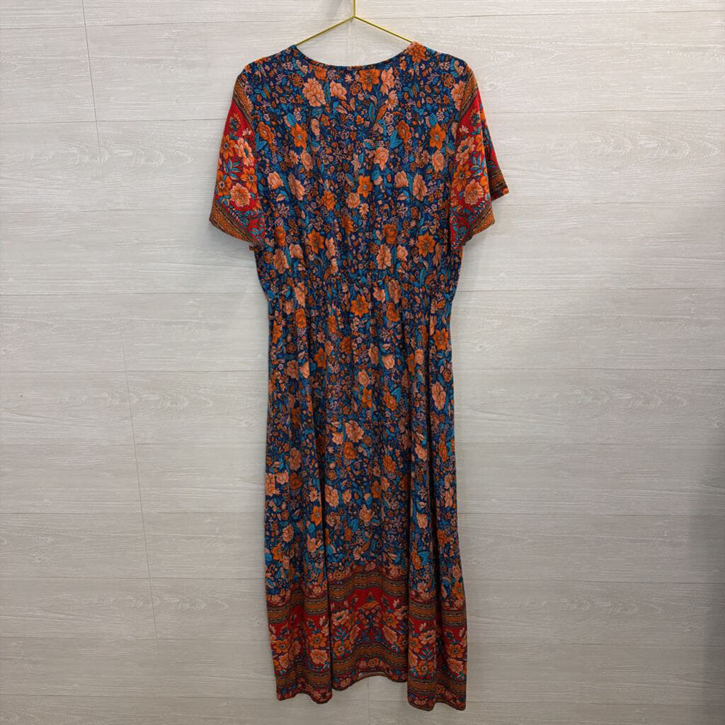 Pretty Garden Blue/ Red Print Short Sleeve Maxi Dress Extra Large