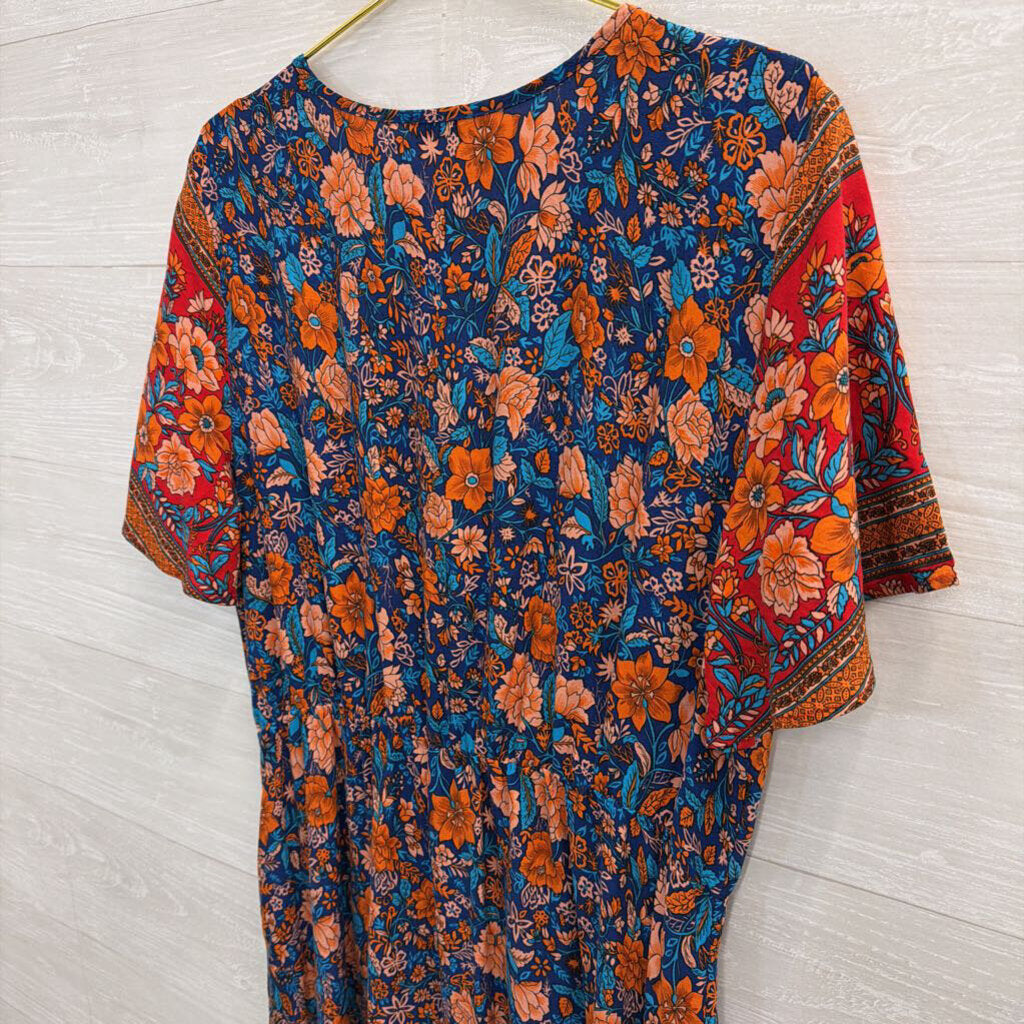Pretty Garden Blue/ Red Print Short Sleeve Maxi Dress Extra Large