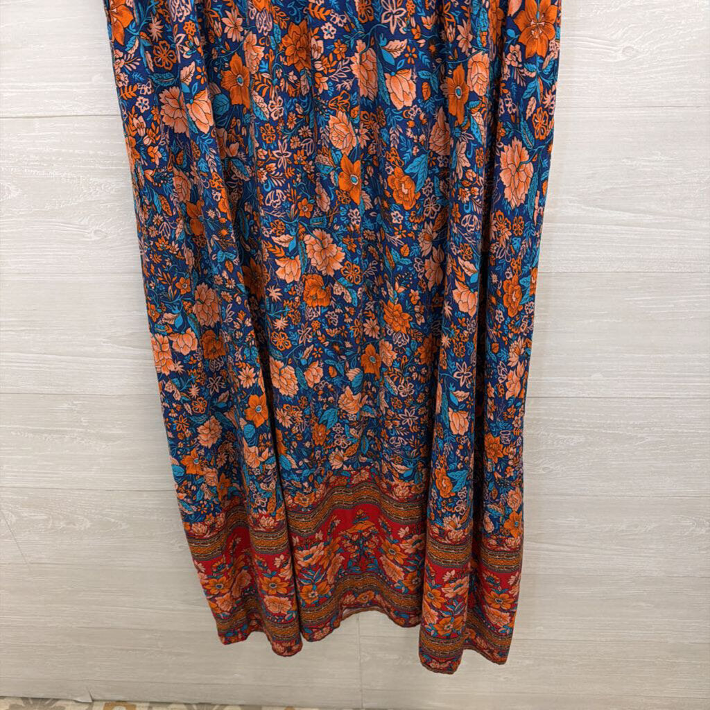 Pretty Garden Blue/ Red Print Short Sleeve Maxi Dress Extra Large