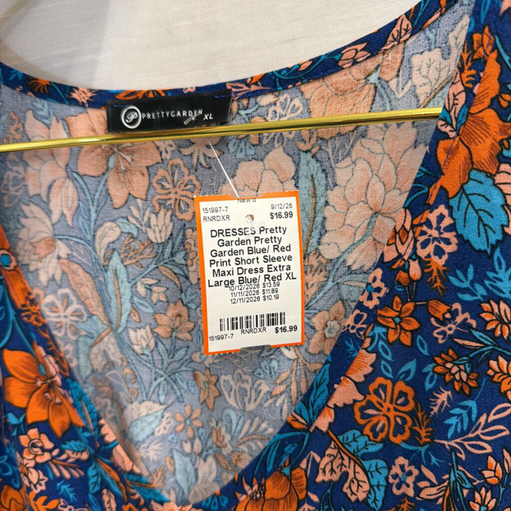 Pretty Garden Blue/ Red Print Short Sleeve Maxi Dress Extra Large