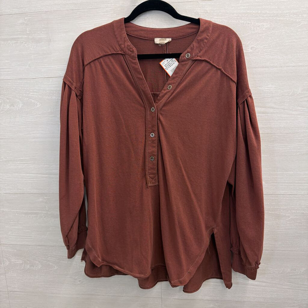 Easel Burgundy Long Sleeve Button Front Top 1X