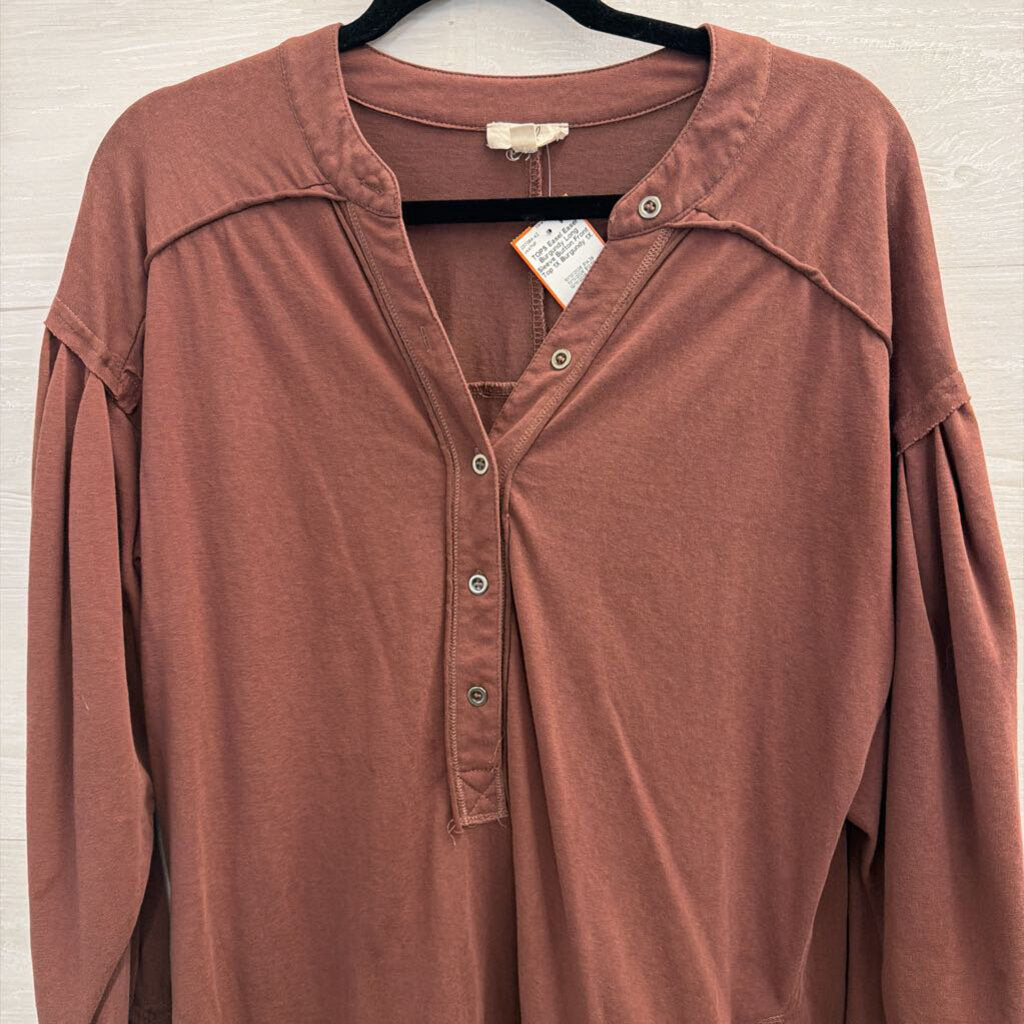 Easel Burgundy Long Sleeve Button Front Top 1X