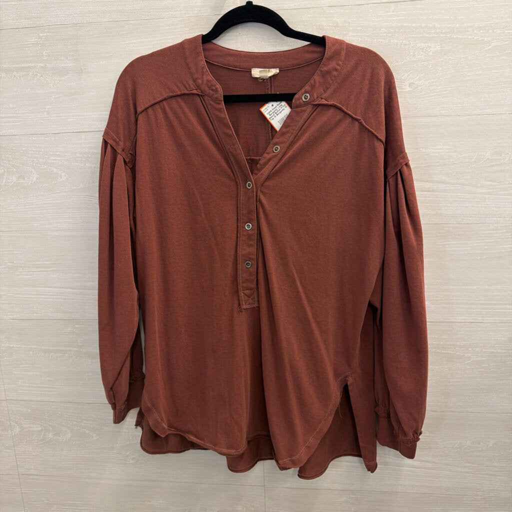 Easel Burgundy Long Sleeve Button Front Top 1X