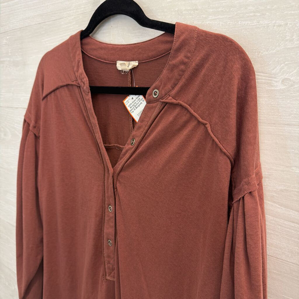 Easel Burgundy Long Sleeve Button Front Top 1X