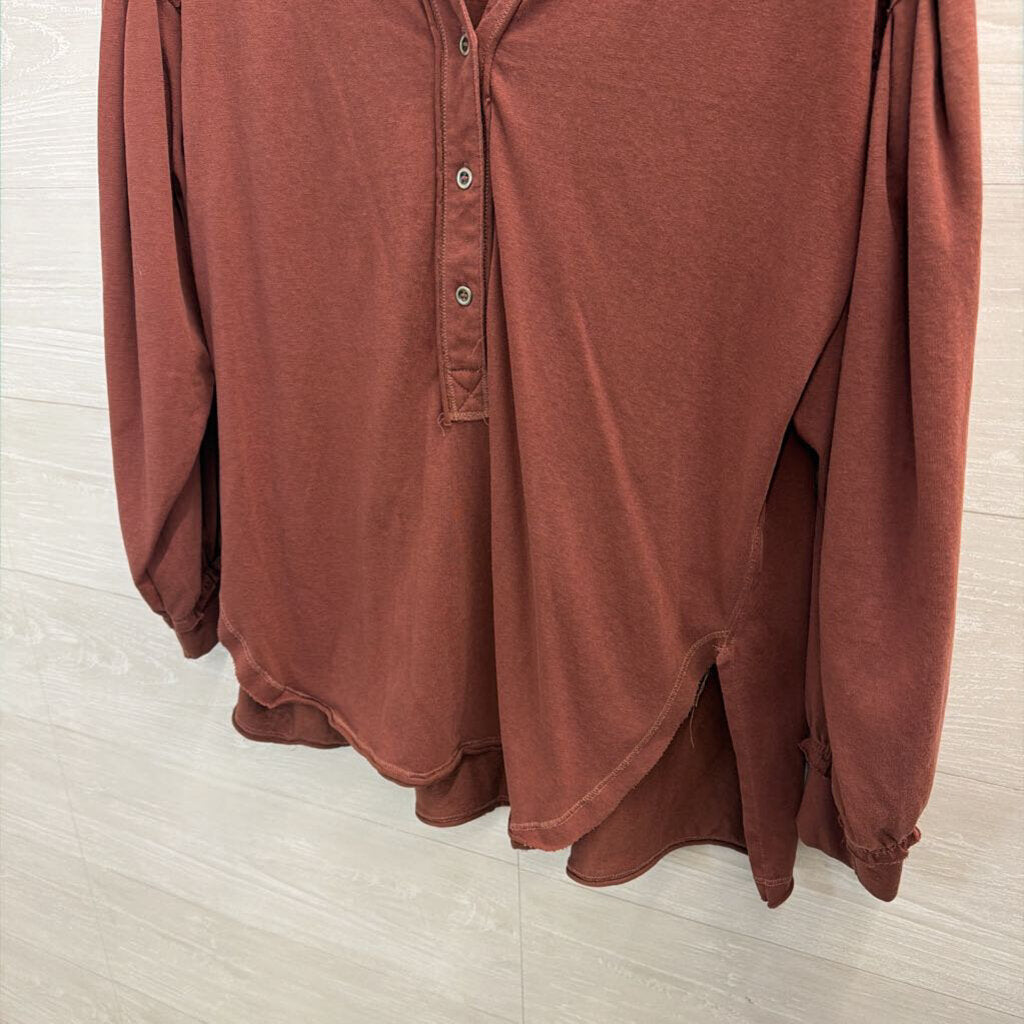 Easel Burgundy Long Sleeve Button Front Top 1X