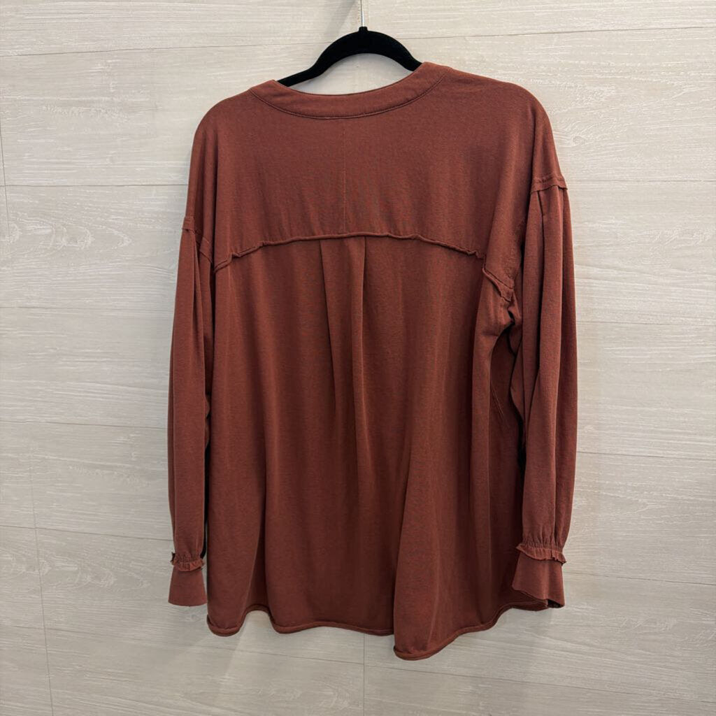 Easel Burgundy Long Sleeve Button Front Top 1X